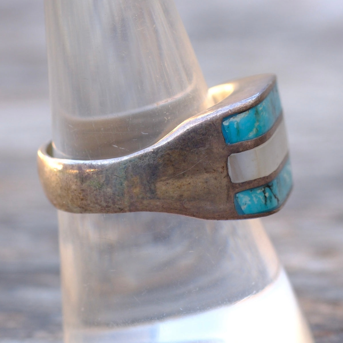 Vintage Sterling Turquoise and Mother Of Pearl Inlay Ring 8.75