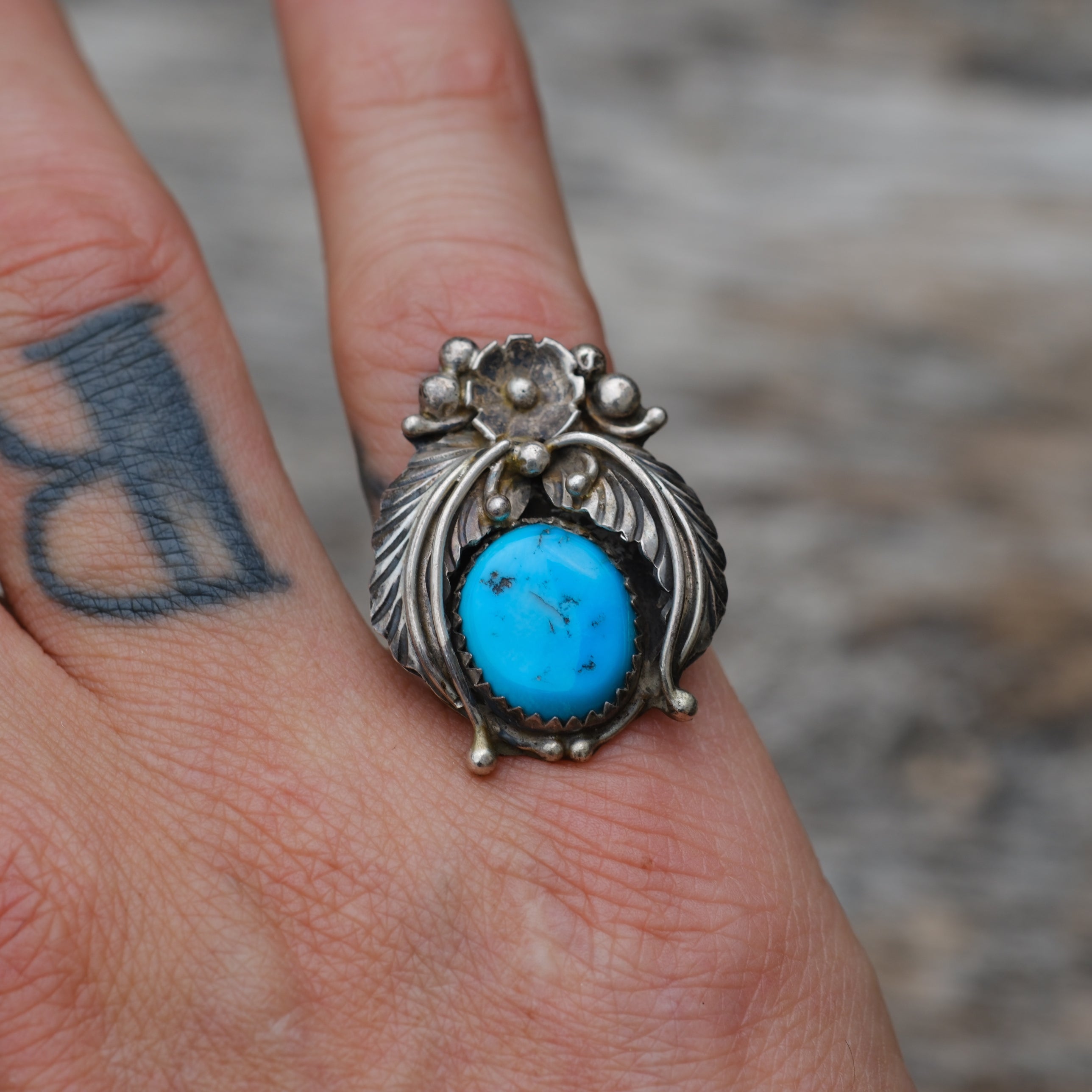 Vintage Sterling Turquoise Feather Ring 6.25