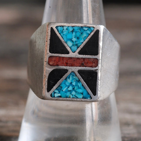 Vintage Sterling Turquoise Coral and Onyx Inlay Ring 9.75