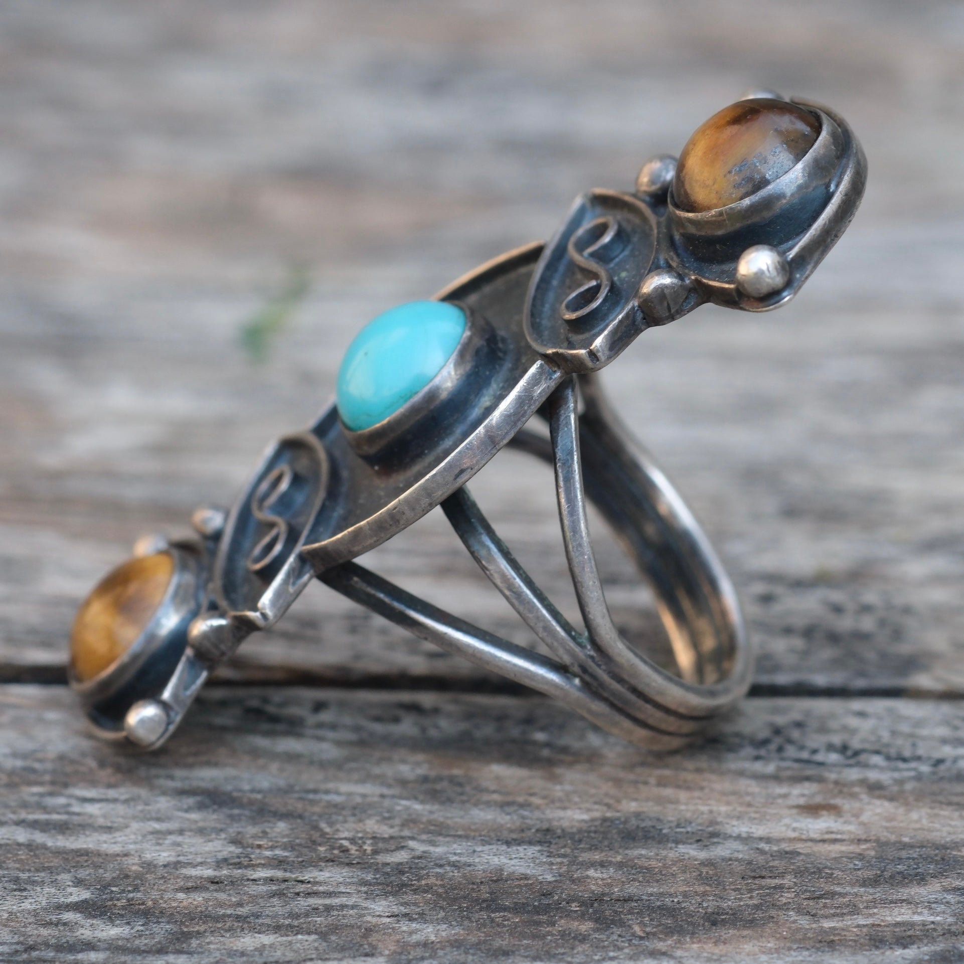 Huge Vintage Sterling Turquoise and Tigers Eye Ring 7.5
