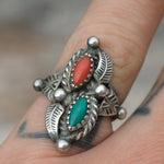Vintage Sterling Turquoise and Coral Feather Ring 4.75