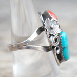 Vintage Sterling Turquoise and Coral Feather Ring 7.5