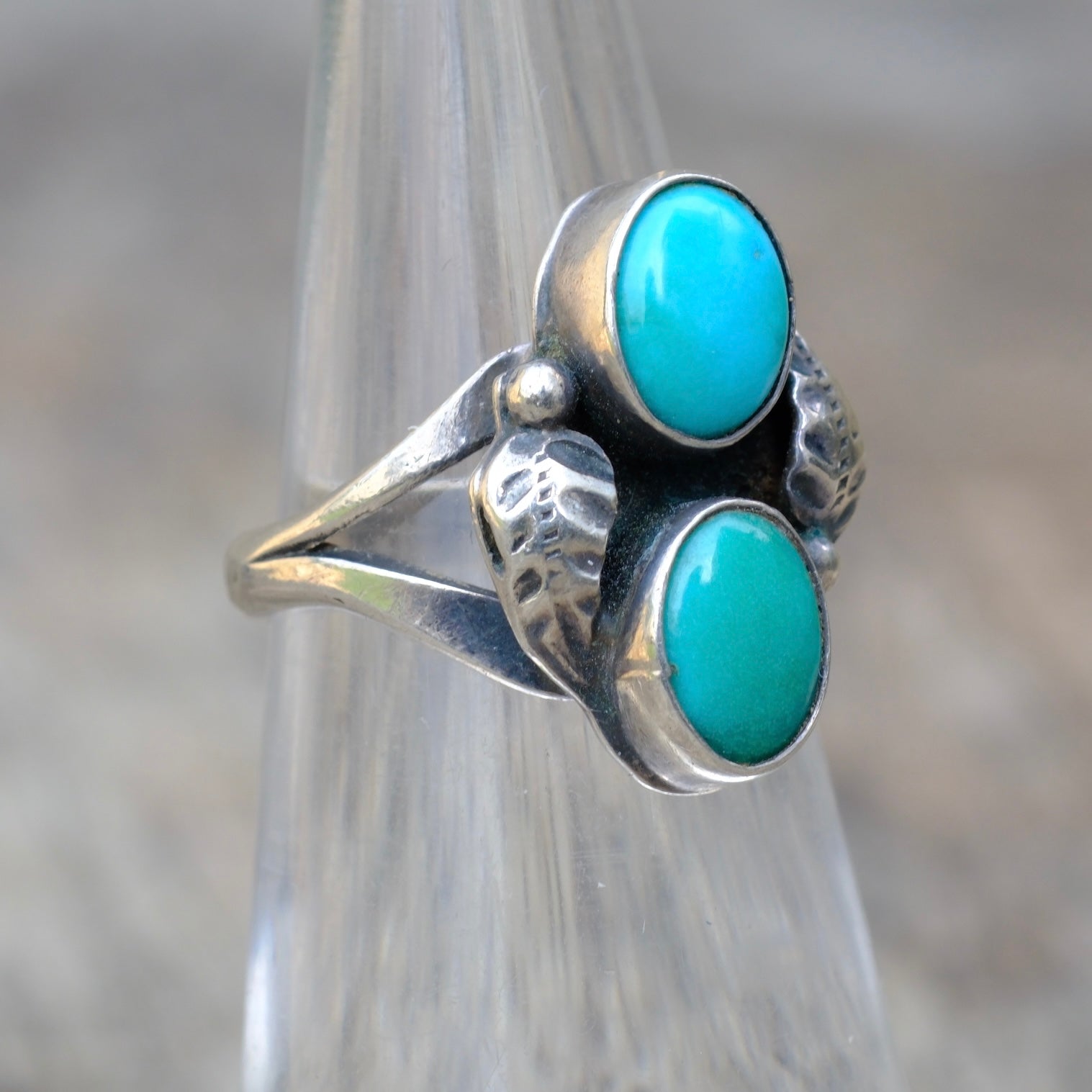 Vintage Sterling 2-Stone Turquoise Feather Ring 4.5