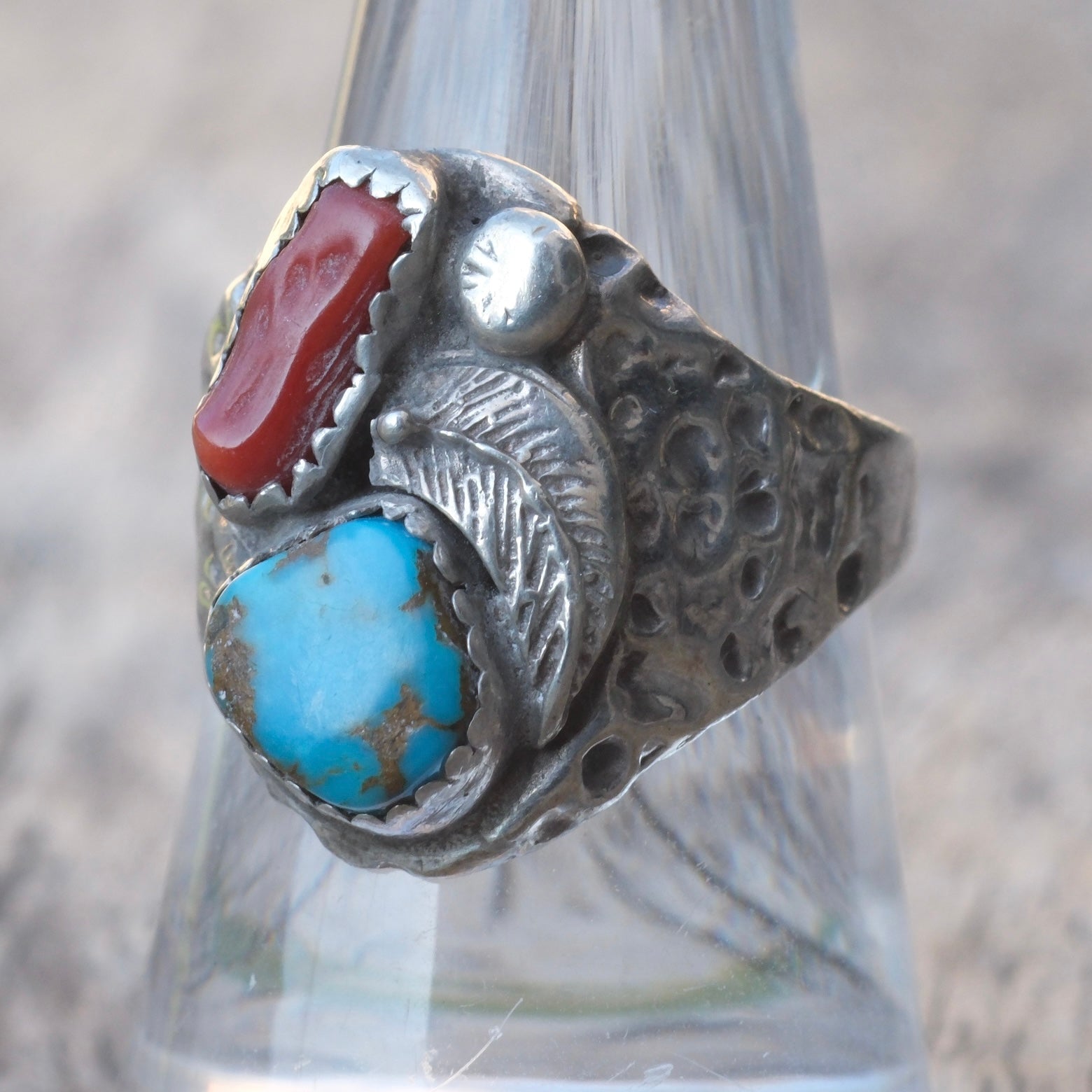 Vintage Sterling Turquoise and Coral Feather Ring 8.5
