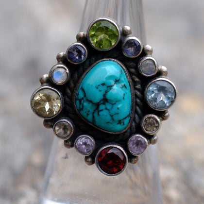 Vintage Sterling Turquoise and Gemstone Cluster Ring 6.25