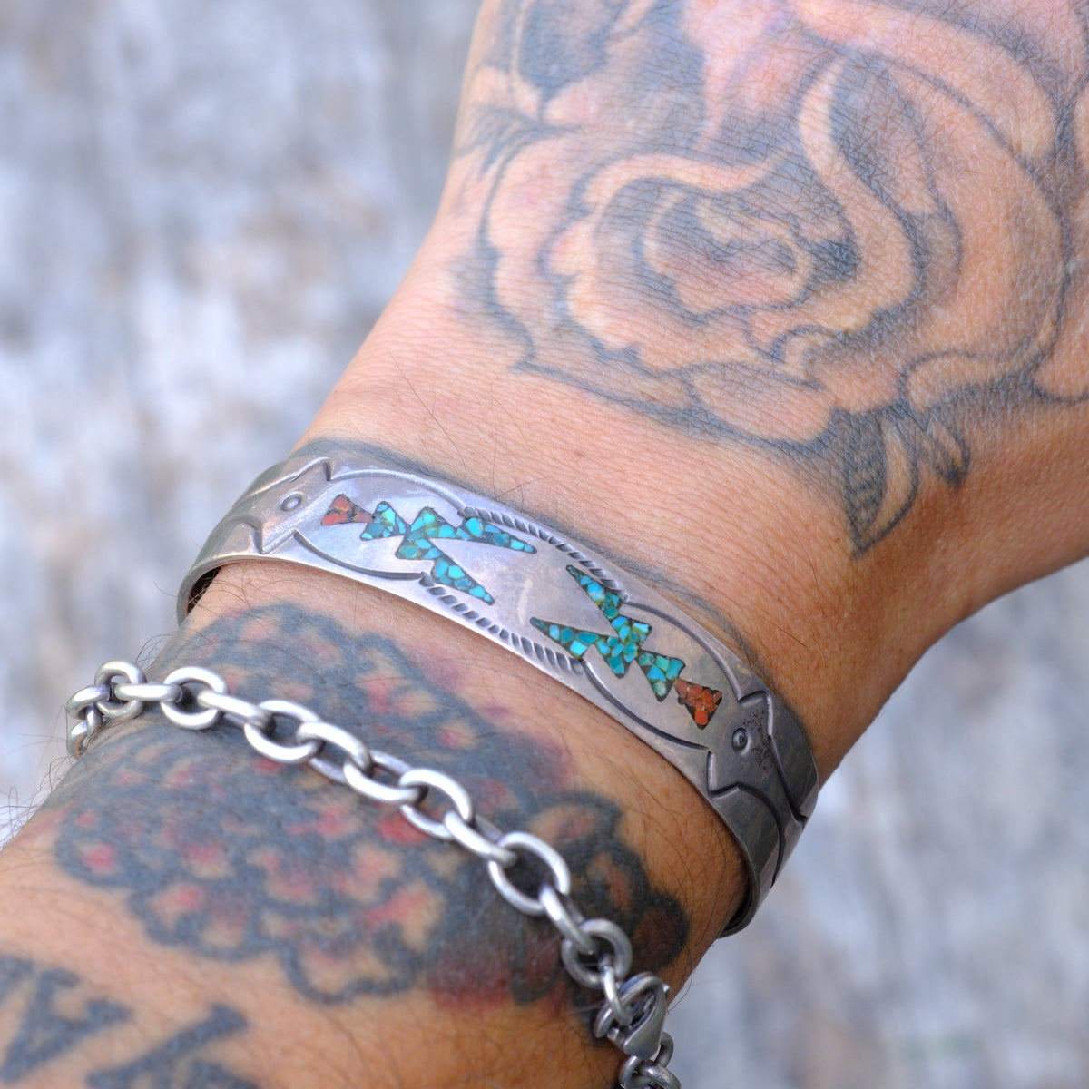 Vintage Sterling Turquoise and Coral Inlay Cuff Bracelet
