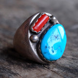 Vintage Sterling Turquoise and Coral Ring 10.5