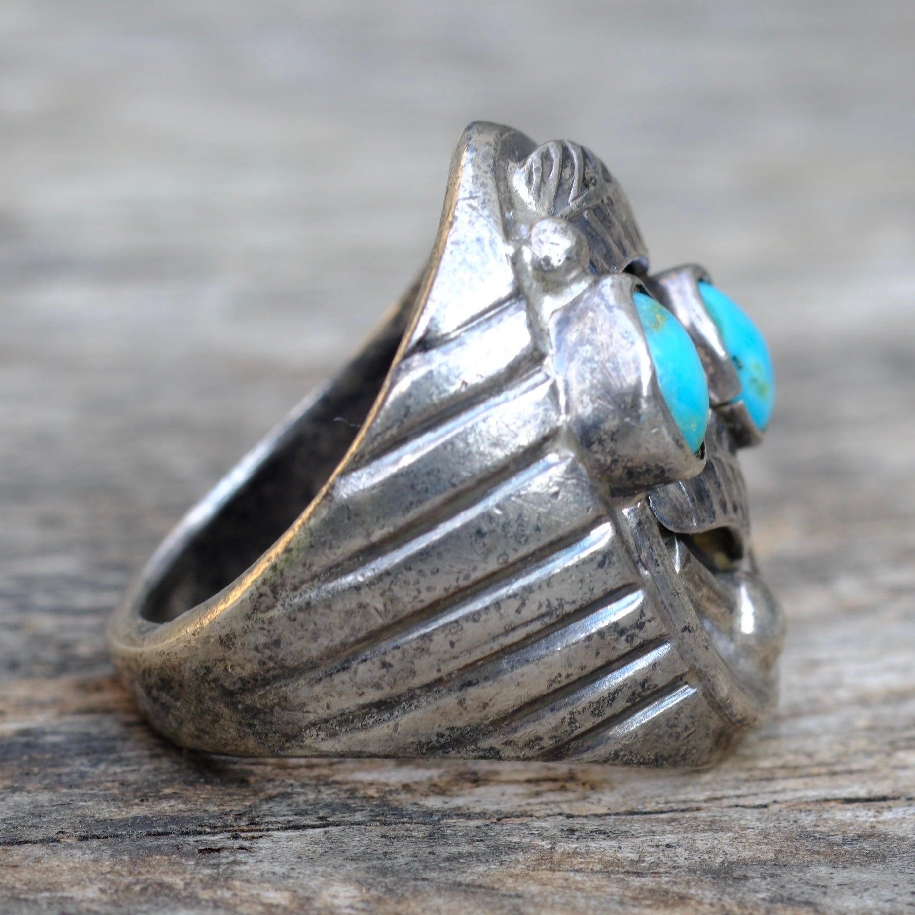 Vintage Sterling 2-Stone Turquoise Feather Ring 9.5