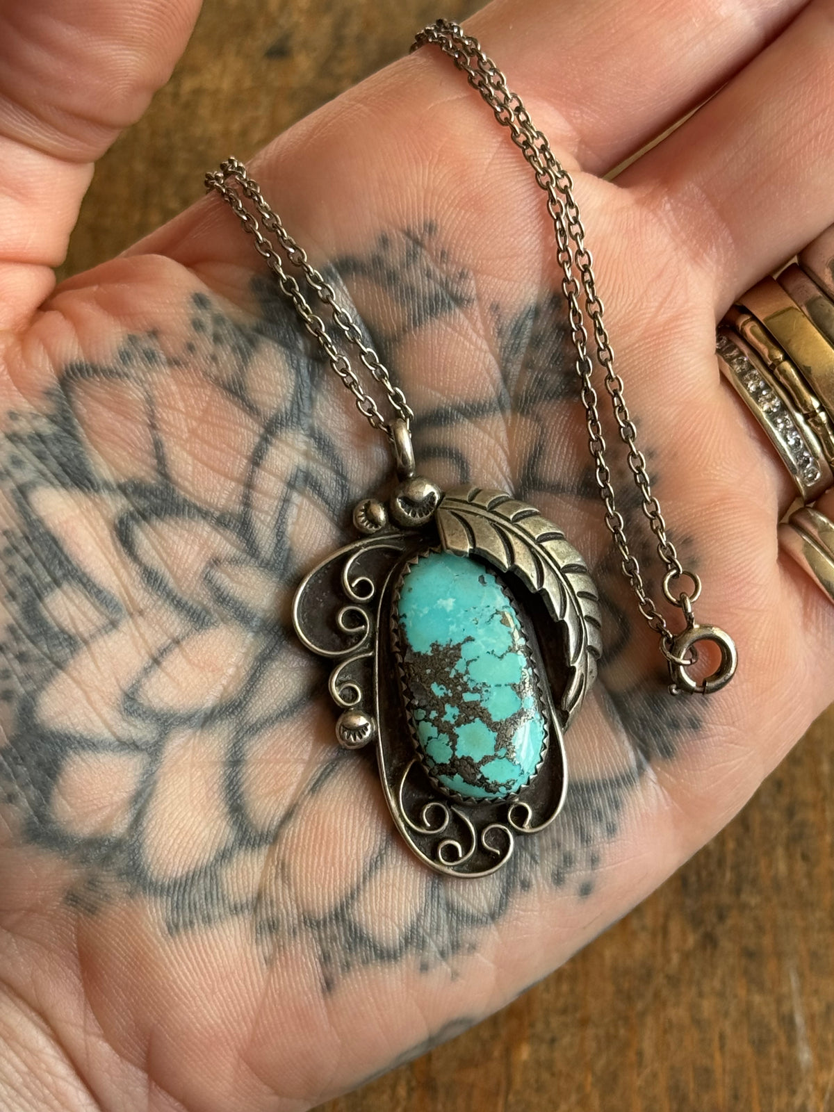Vintage Sterling Silver Turquoise Leaf Necklace