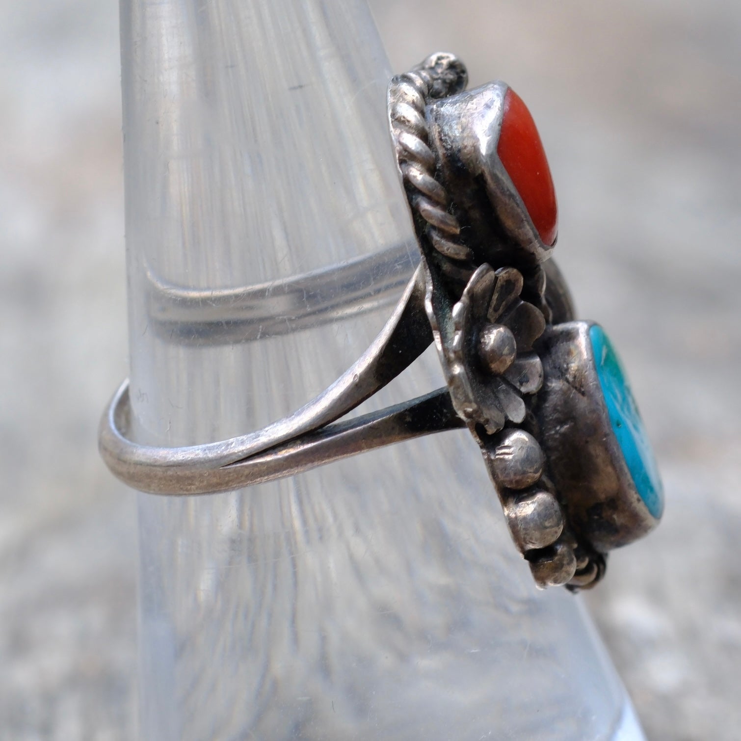 Vintage Sterling Silver Turquoise & Coral Feather Flower Ring 7
