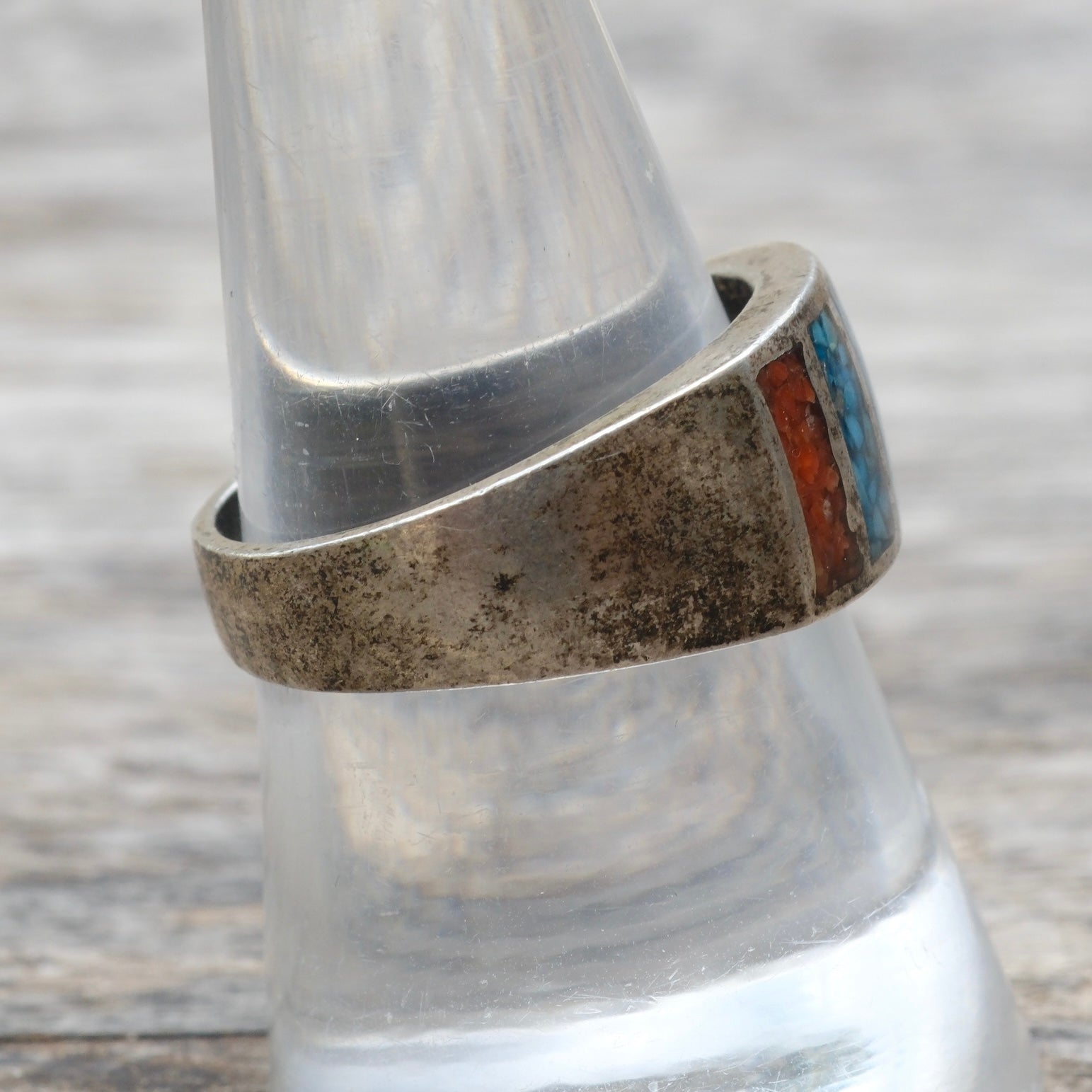 Vintage Sterling Turquoise and Coral Inlay Ring 9