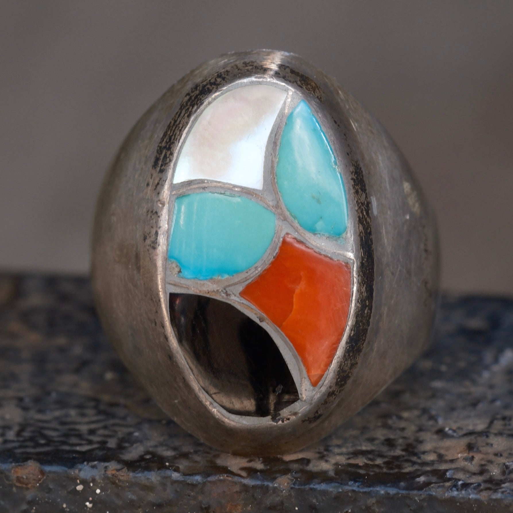 Vintage Sterling Multistone Inlay Fish Scale Ring 12
