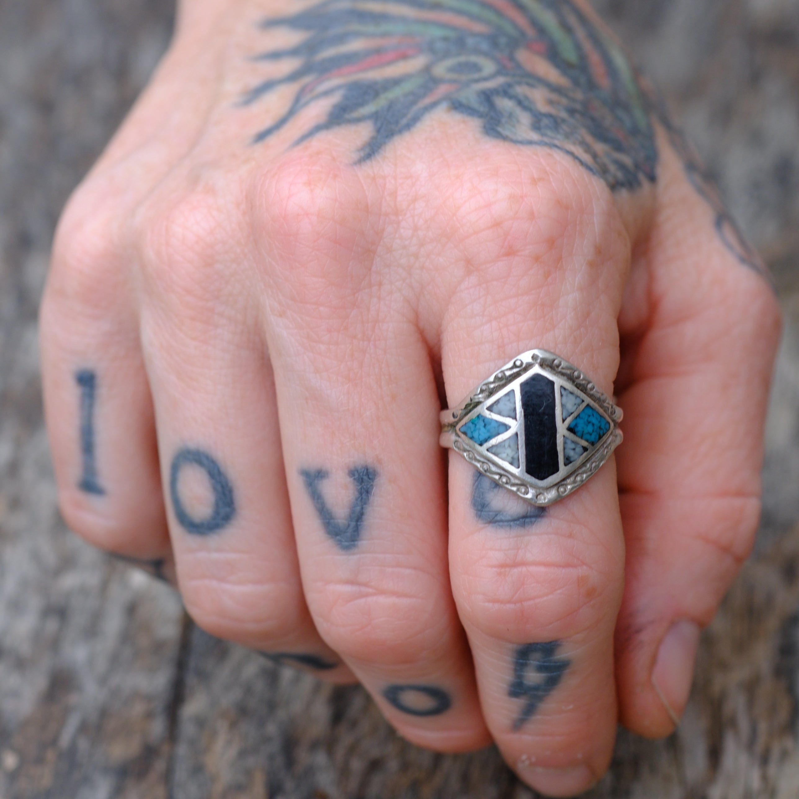 Vintage Sterling Multi Stone Inlay Ring 9