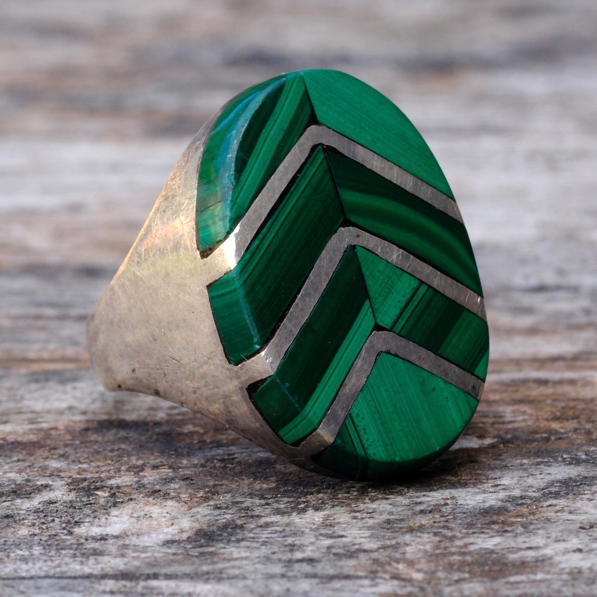 Vintage Sterling Malachite Inlay Ring 10