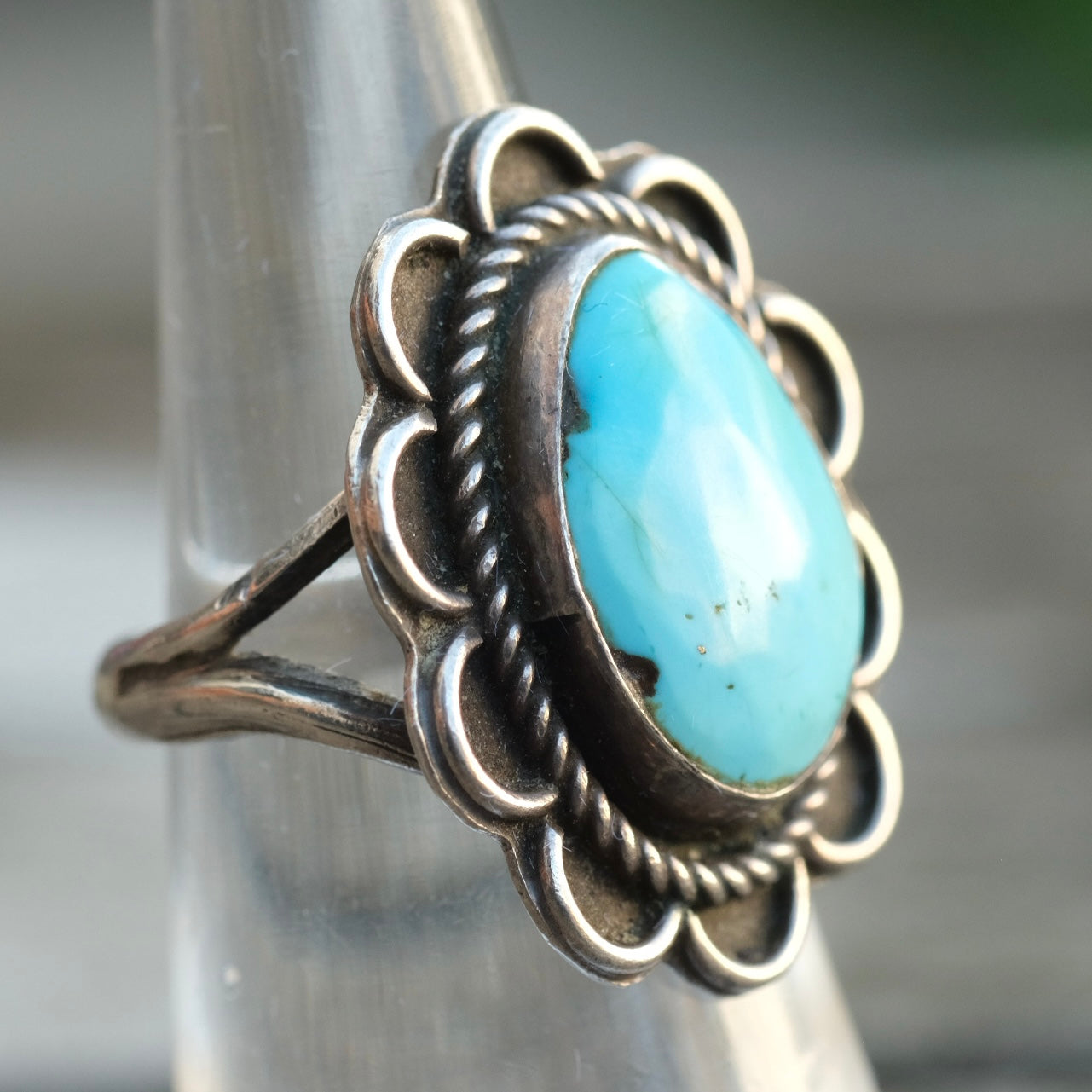 Vintage Sterling Turquoise Floral Ring 5.25