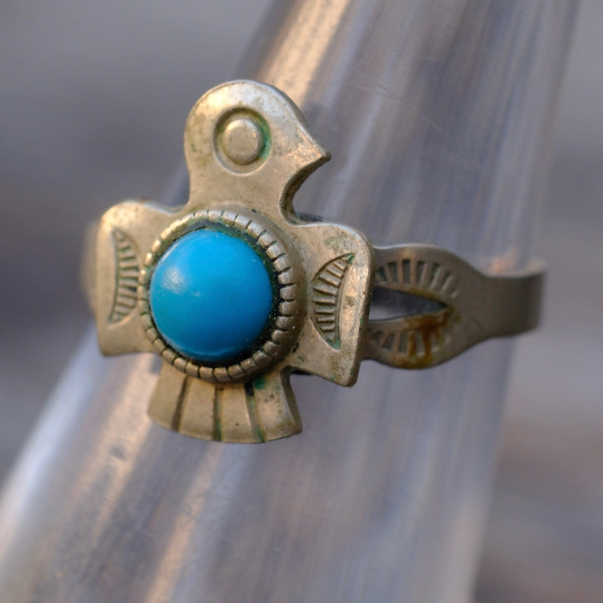Vintage Sterling Turquoise Thunderbird Ring 4.5
