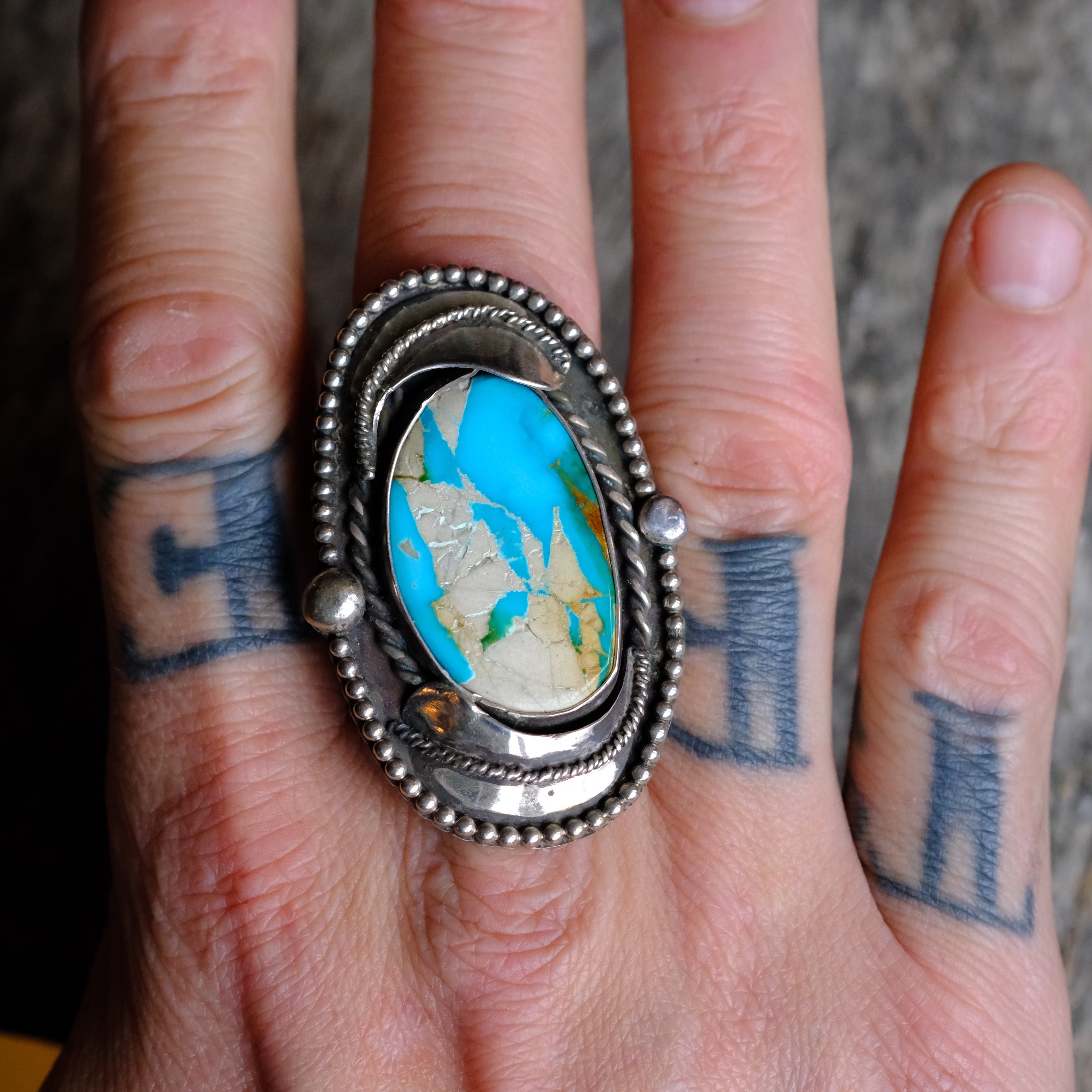 Massive Vintage STerling Turquoise Feather Ring 11.5