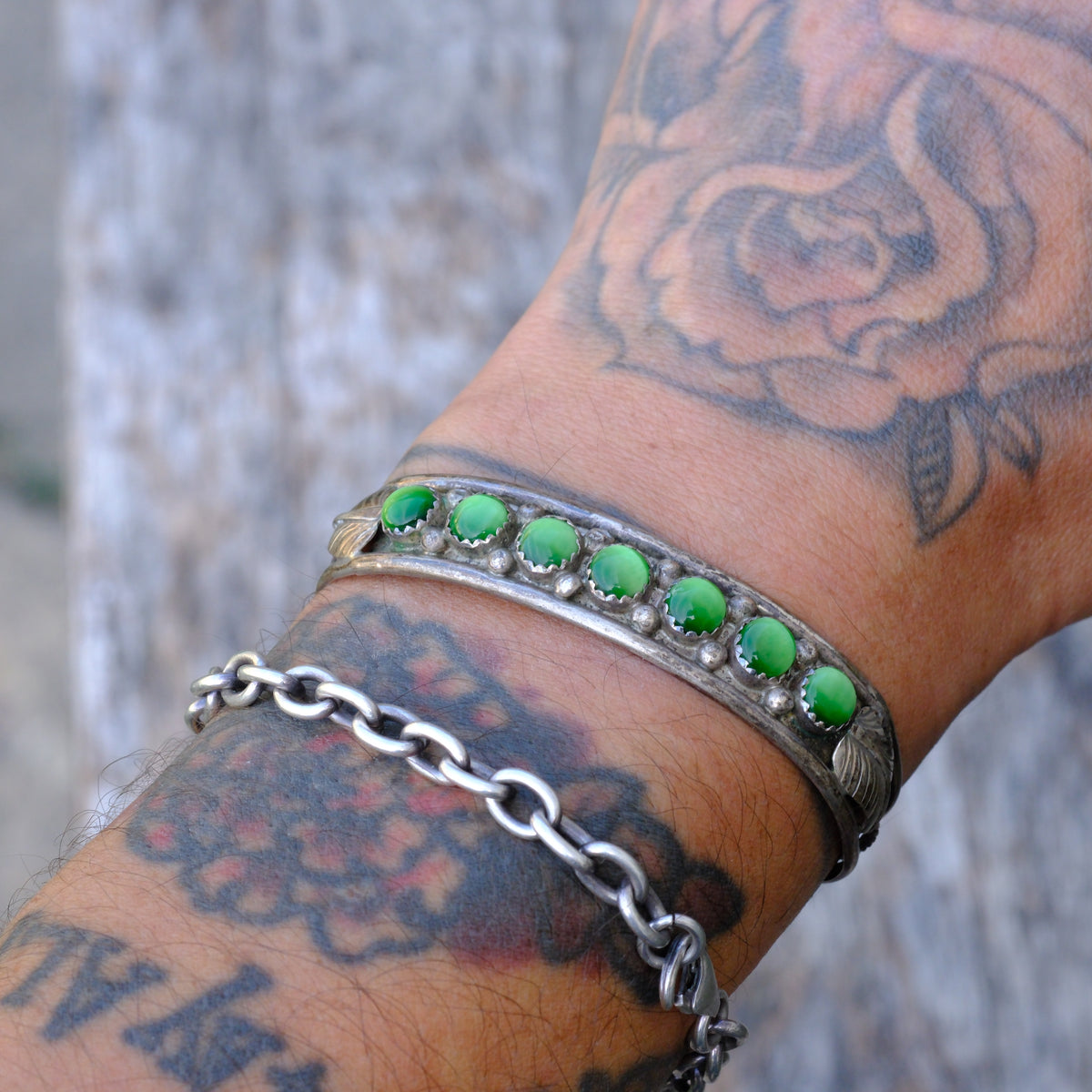 Vintage Sterling Green Cats Eye Cuff Bracelet