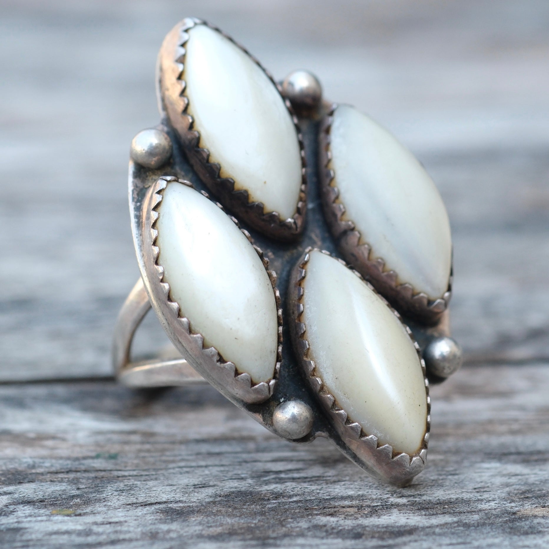 Vintage Sterling Mother Of Pearl Cluster Ring 8.75