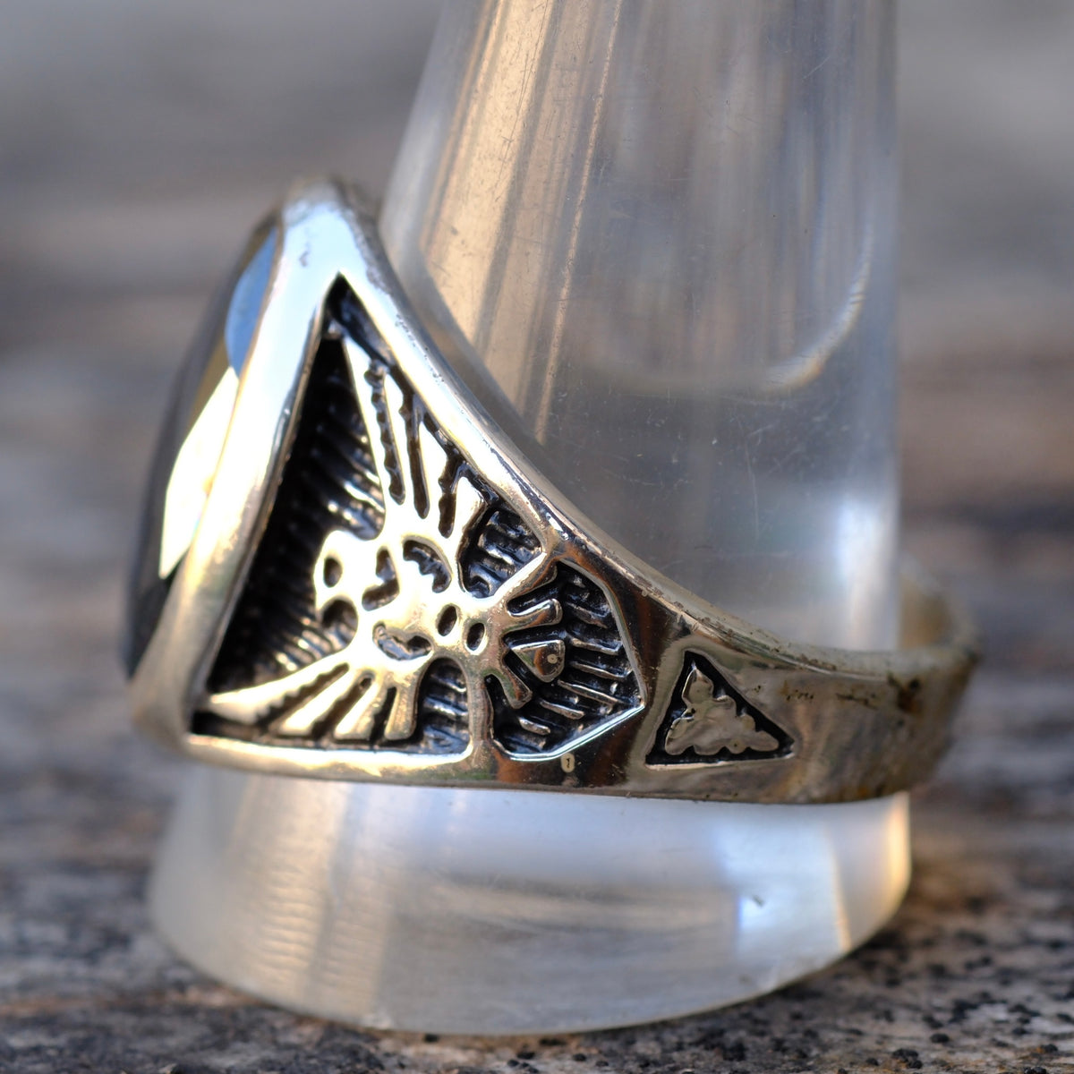 Vintage Sterling Hematite Thunderbird Ring 13.75