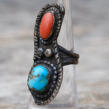 Vintage Sterling Turquoise and Coral Roper Ring 5.25