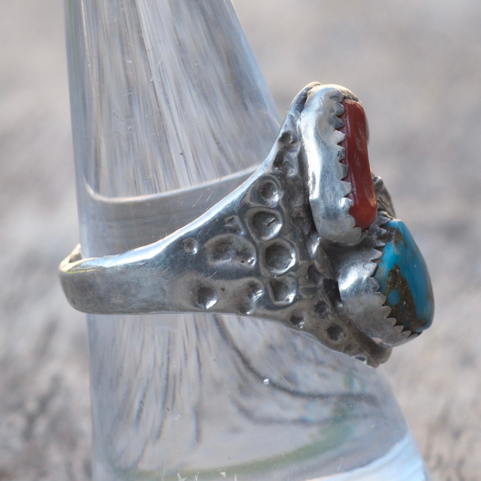 Vintage Sterling Turquoise and Coral Feather Ring 8.5
