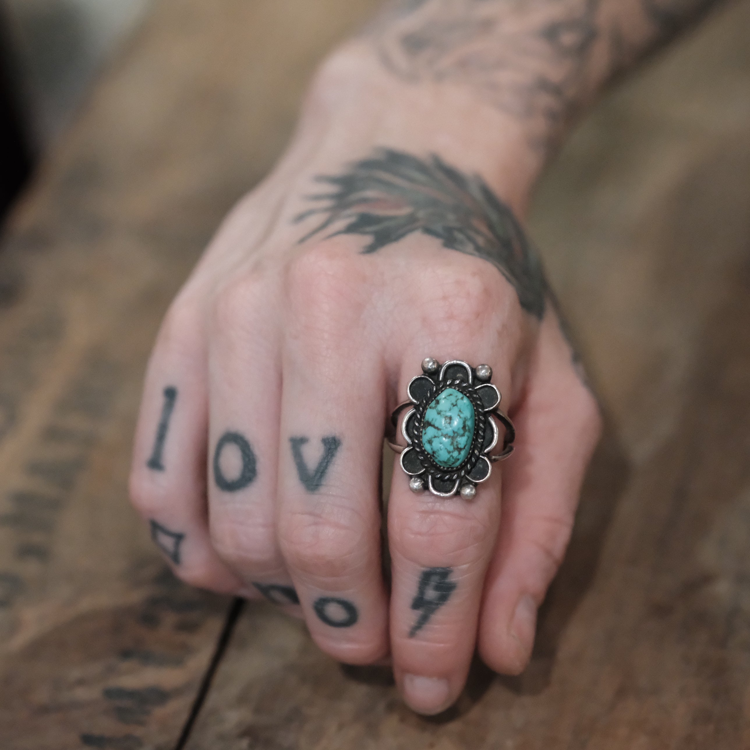 Vintage Sterling Turquoise Florette Ring 8.75