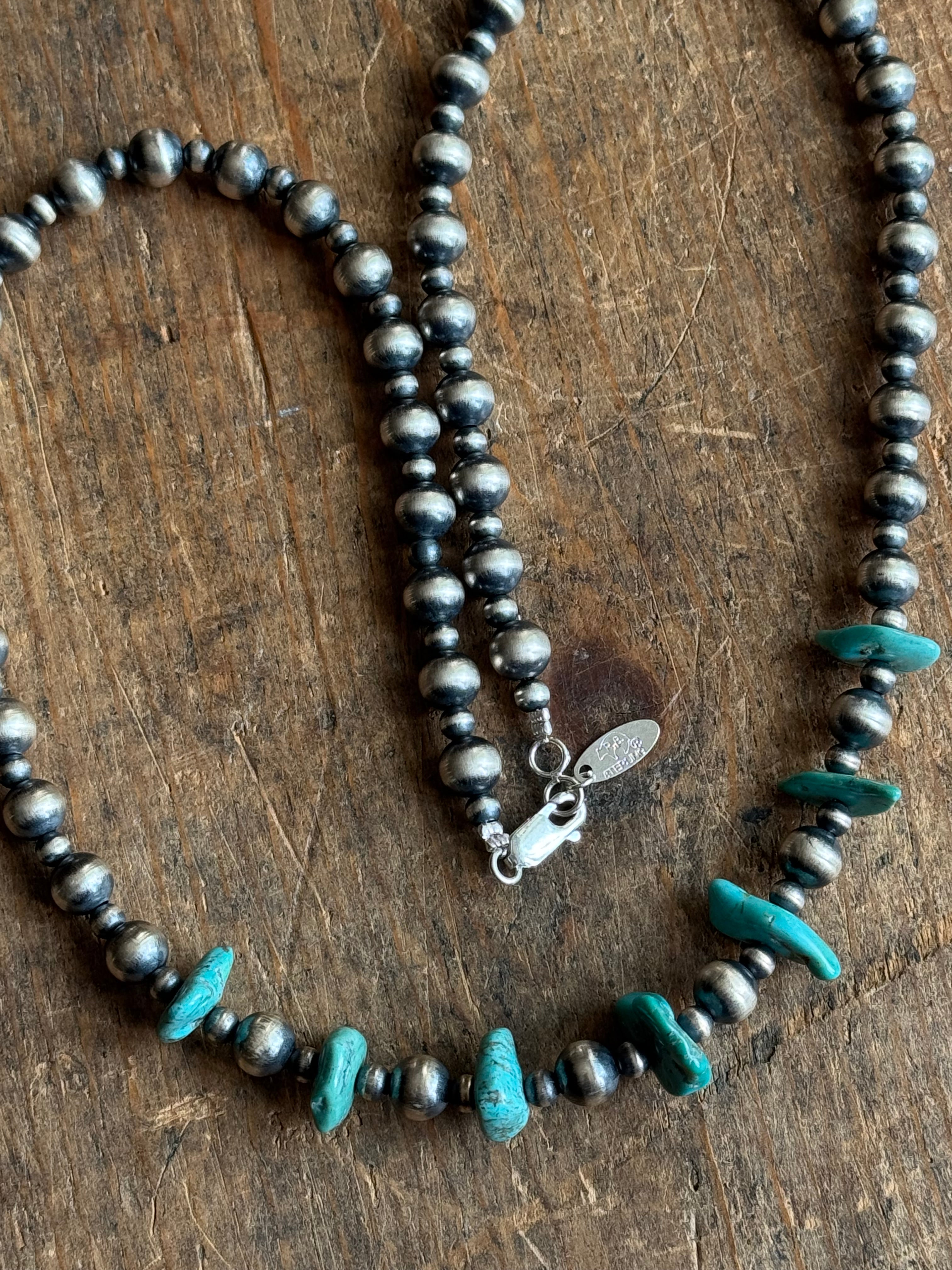 Vintage Raw Turquoise & Sterling Silver Pawn Bead Necklace