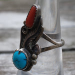 Vintage Sterling Turquoise and Coral Feather Ring 6.75