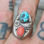 Vintage Sterling Turquoise and Coral Feather Ring 10.5