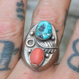 Vintage Sterling Turquoise and Coral Feather Ring 10.5