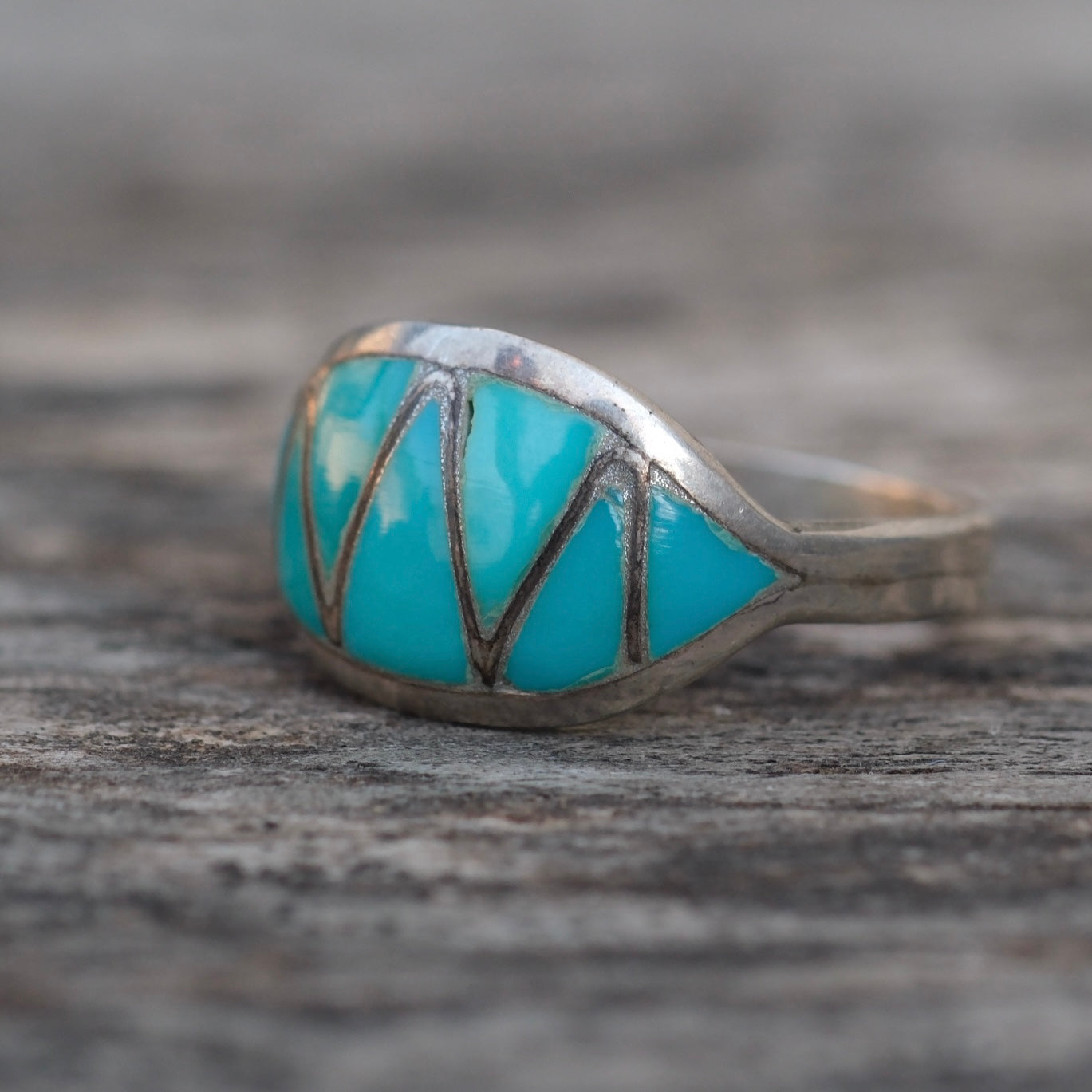 Vintage Sterling Turquoise Inlay Band Ring 6.75