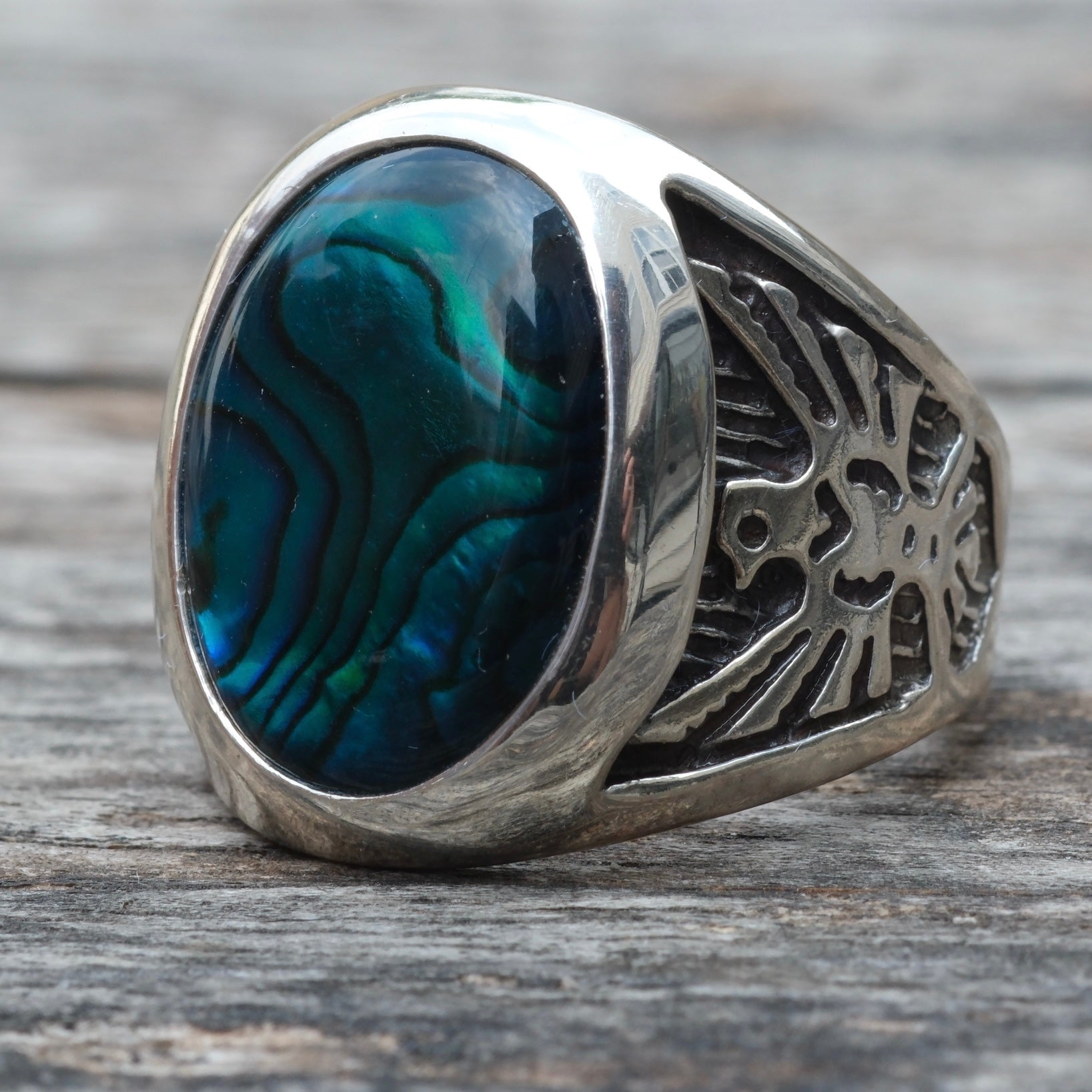 Vintage Sterling Blue Abalone Thunderbird Ring 8.75