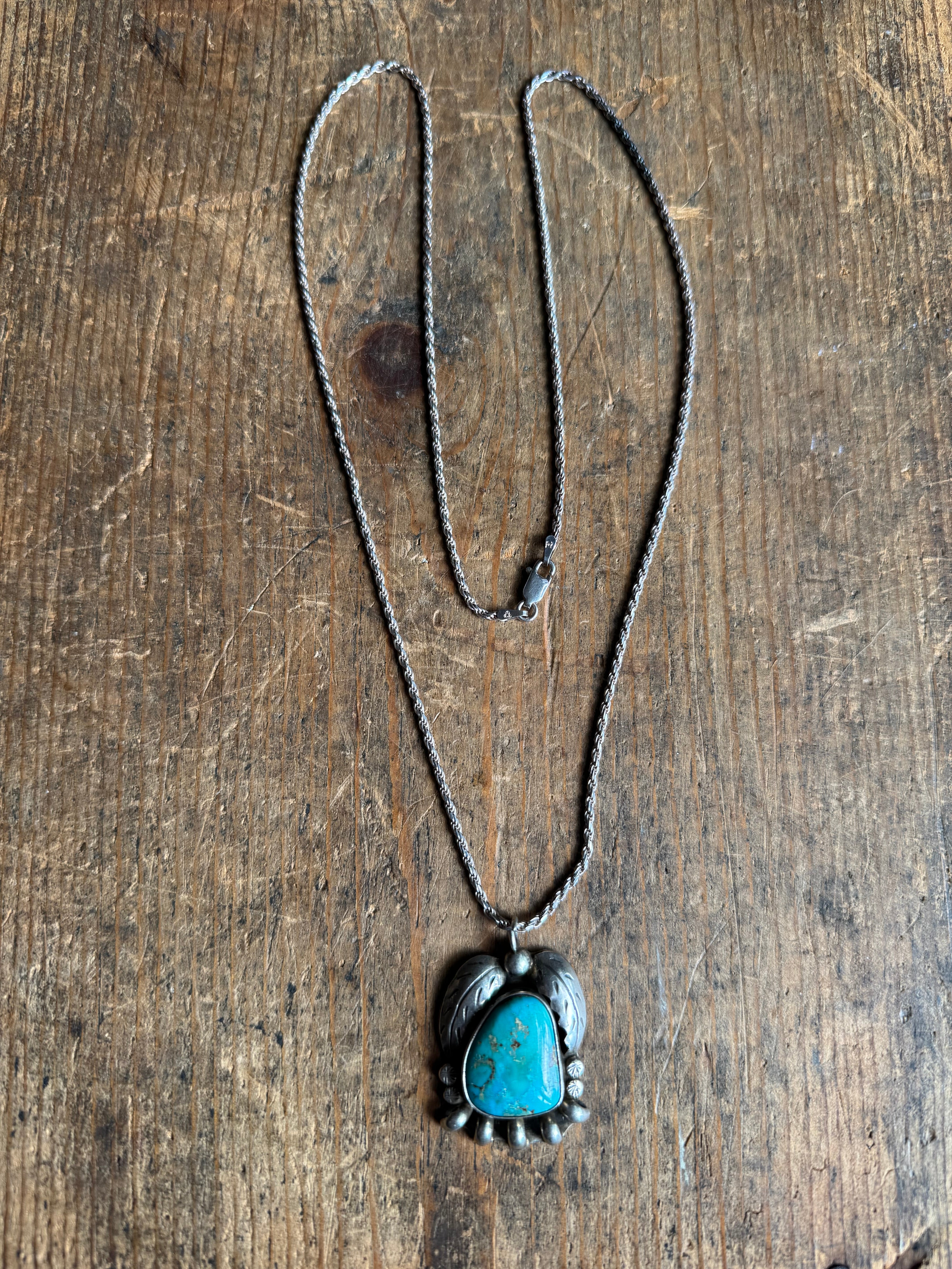 Vintage Sterling Silver Chunky Turquoise Leaf 24" Necklace