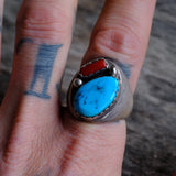 Vintage Sterling Turquoise and Coral Ring 10.5