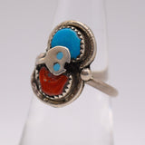 Vintage Sterling Turquoise and Coral Snake Ring 6.25