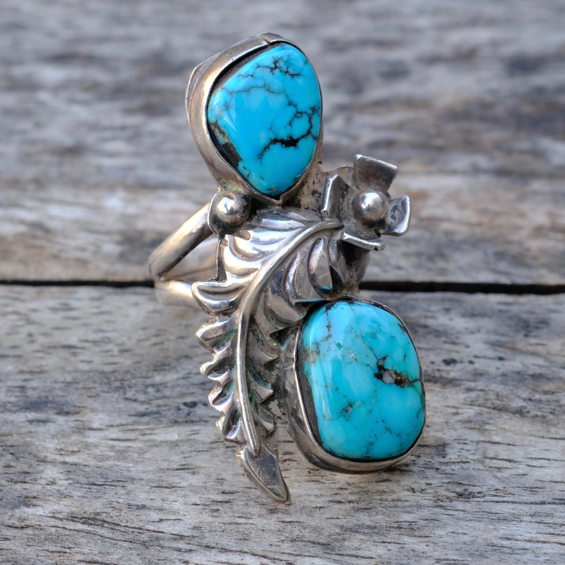 Vintage Sterling 2-Stone Turquoise Feather Ring 6.25