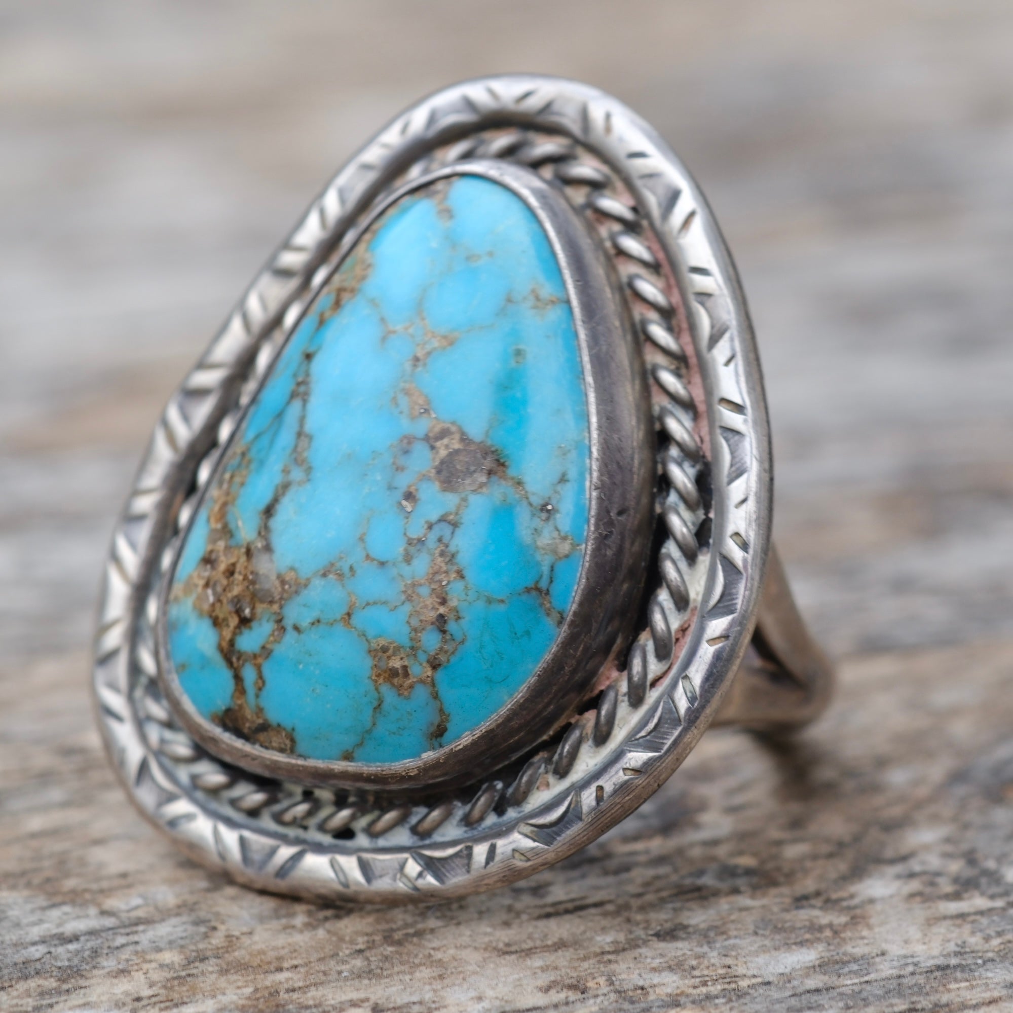 Vintage Sterling Turquoise Roper Ring 12