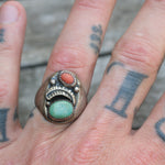 Vintage Sterling Turquoise and Coral Feather Ring 9.75
