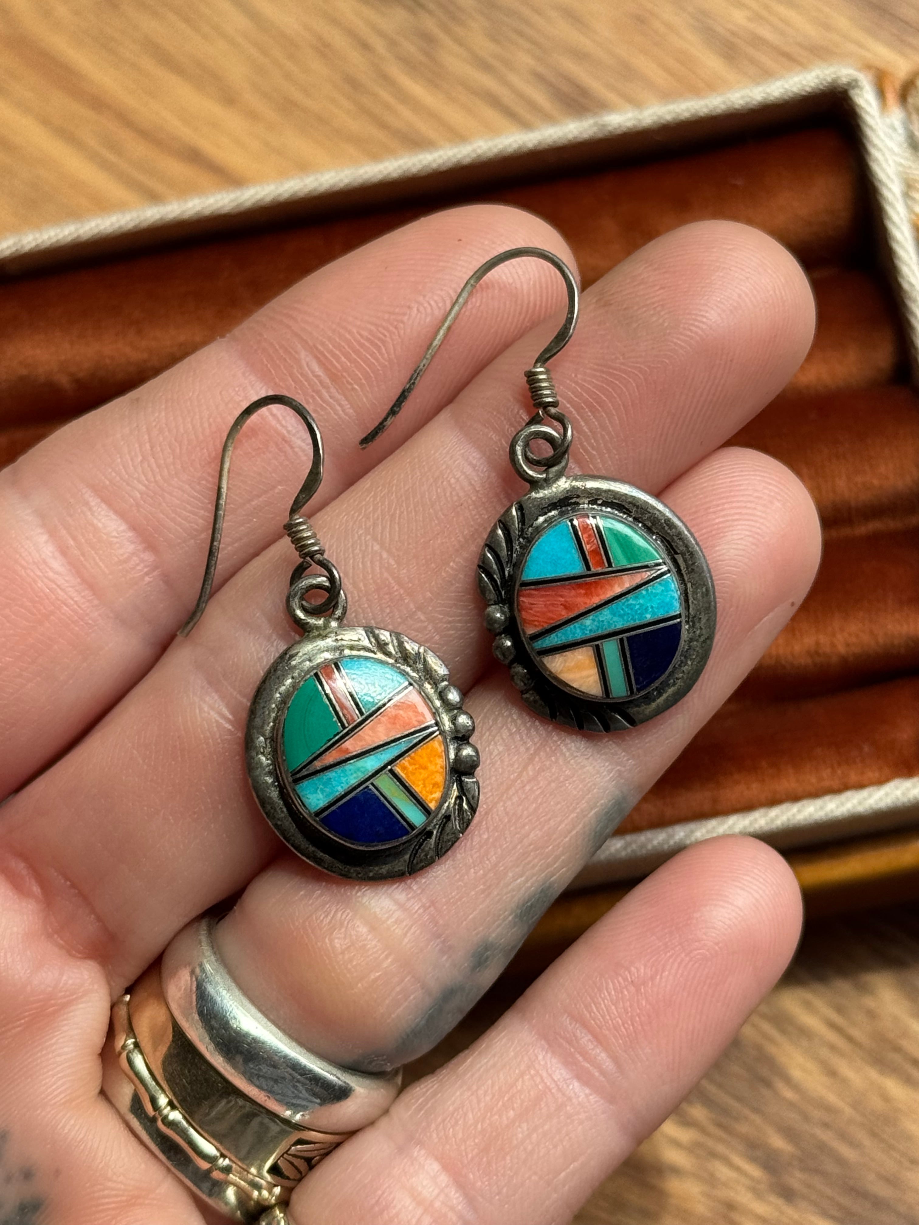 Vintage Sterling Silver Multistone Inlay Southwestern Earrings