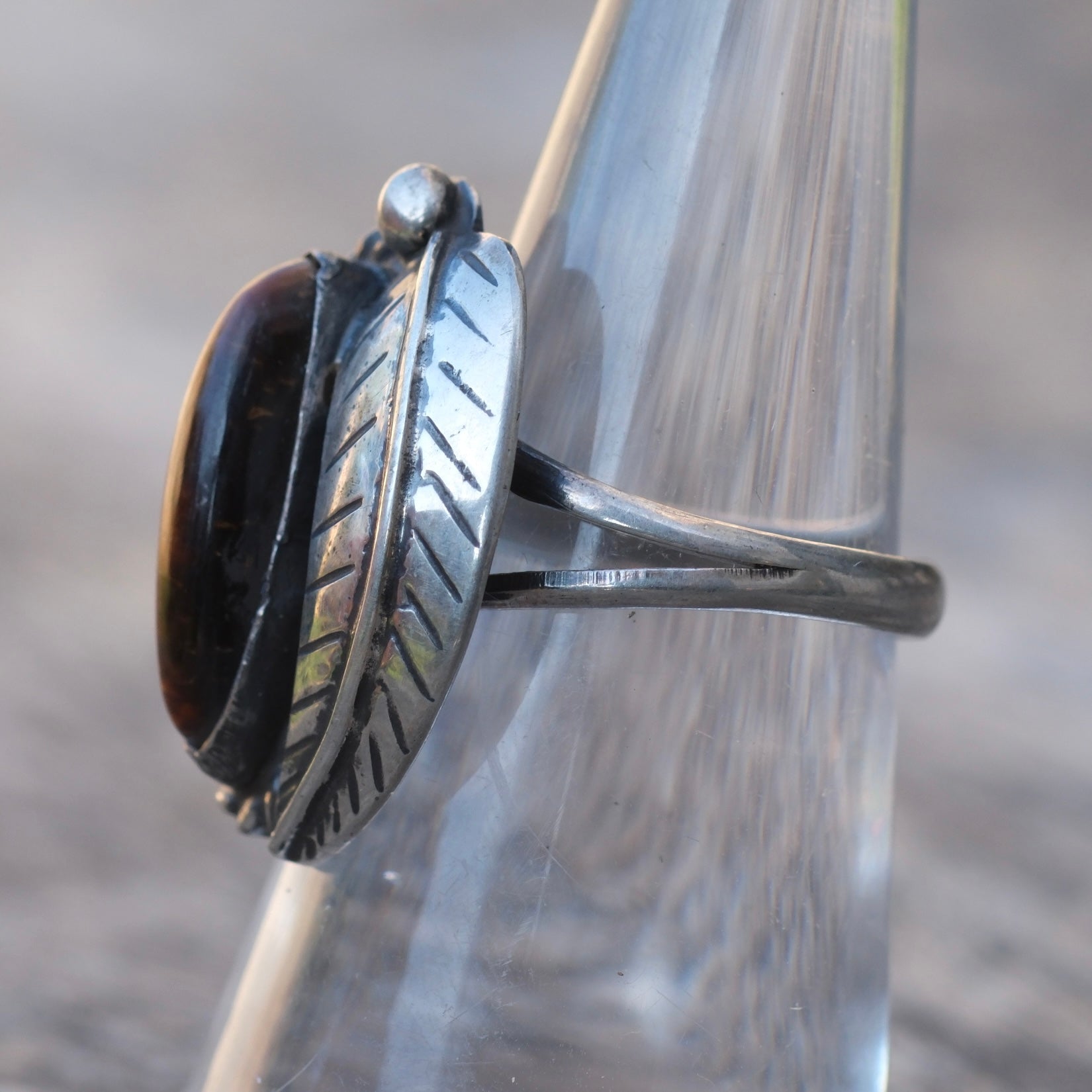 Vintage Sterling Tigers Eye Feather Ring 6.5
