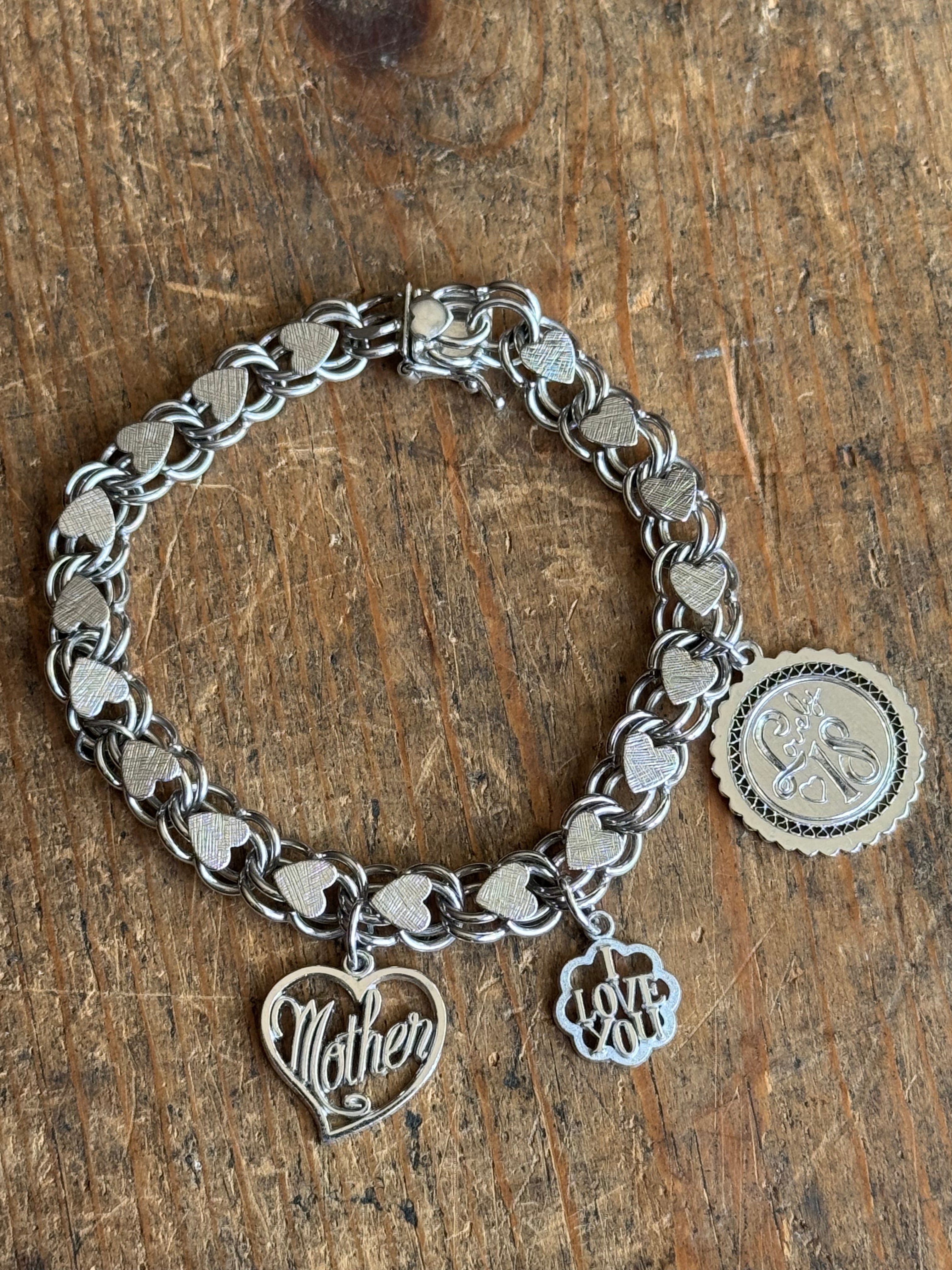 Vintage Sterling Silver 7.25” Double Heart Link Charm Bracelet