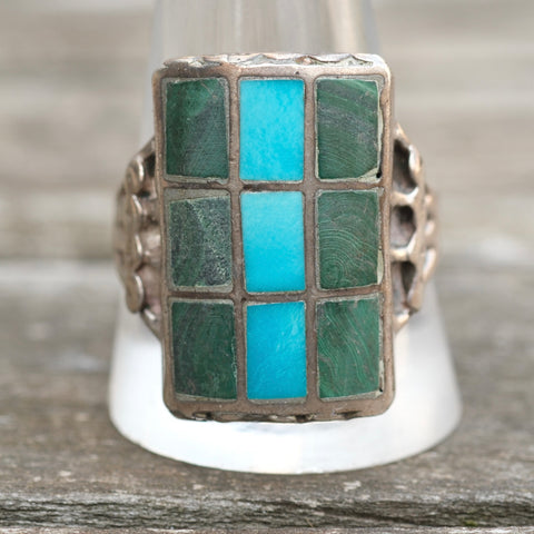 Vintage Sterling Turquoise and Malachite Inlay Ring 12