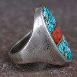 Vintage Sterling Crushed Turquoise and Coral Inlay Ring 10.25