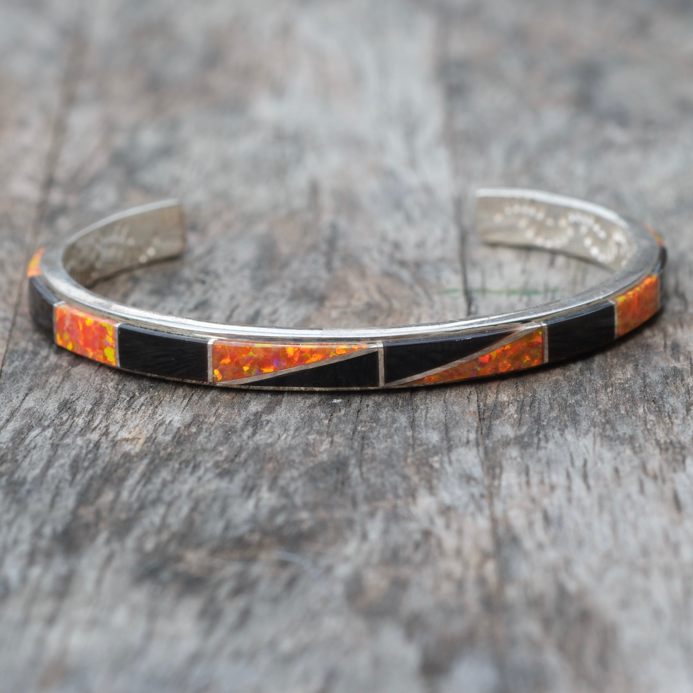 Vintage Sterling Opalite and Black Resin Inlay Cuff Bracelet