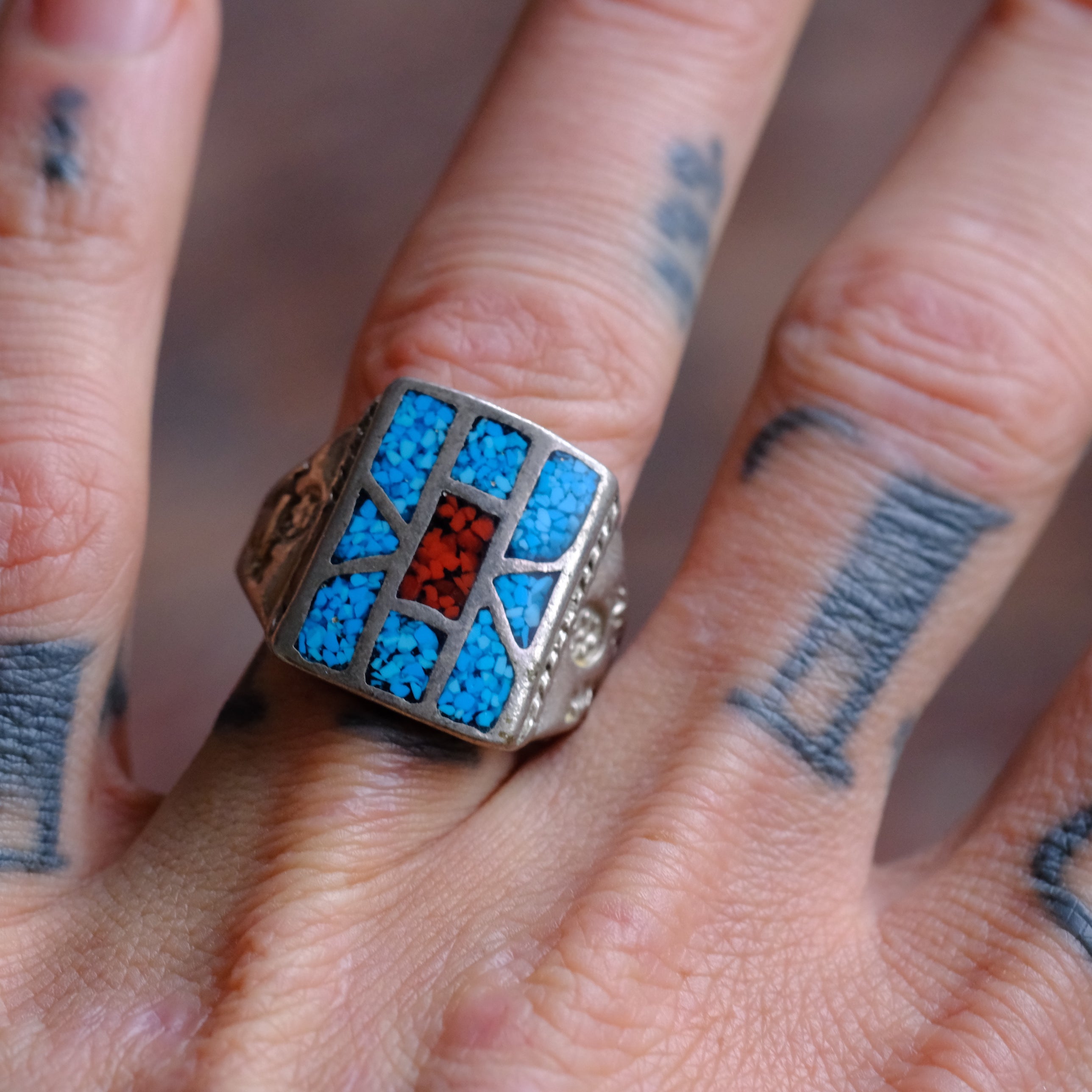 Vintage Sterling Turquoise and Coral Inlay Ring 9.5