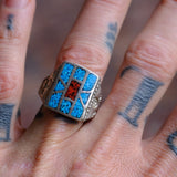 Vintage Sterling Turquoise and Coral Inlay Ring 9.5