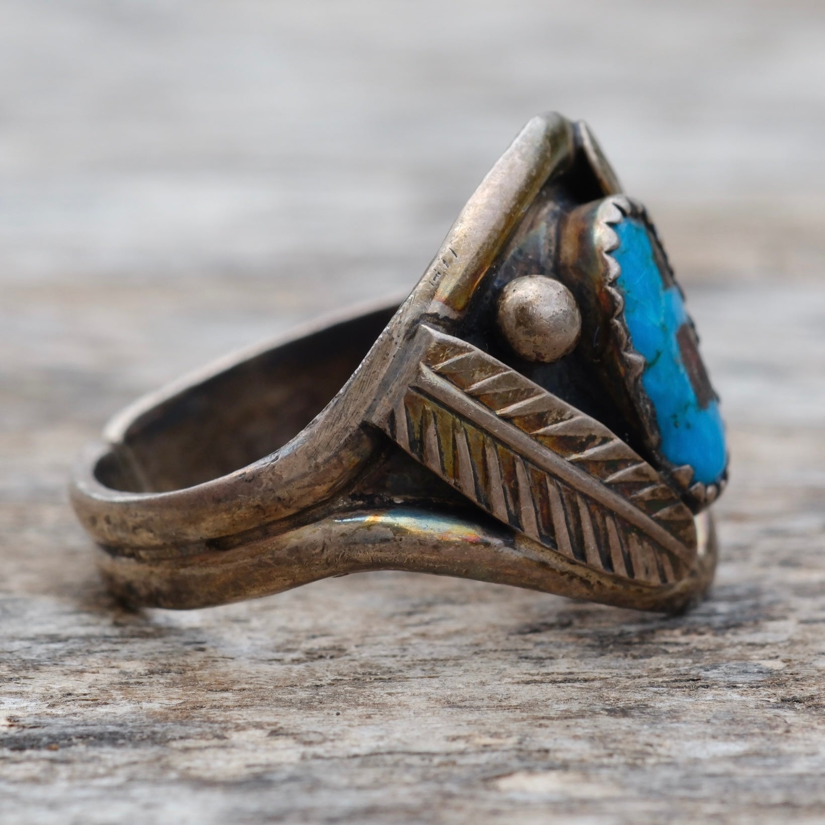 Vintage Sterling Turquoise Feather Ring 11.75