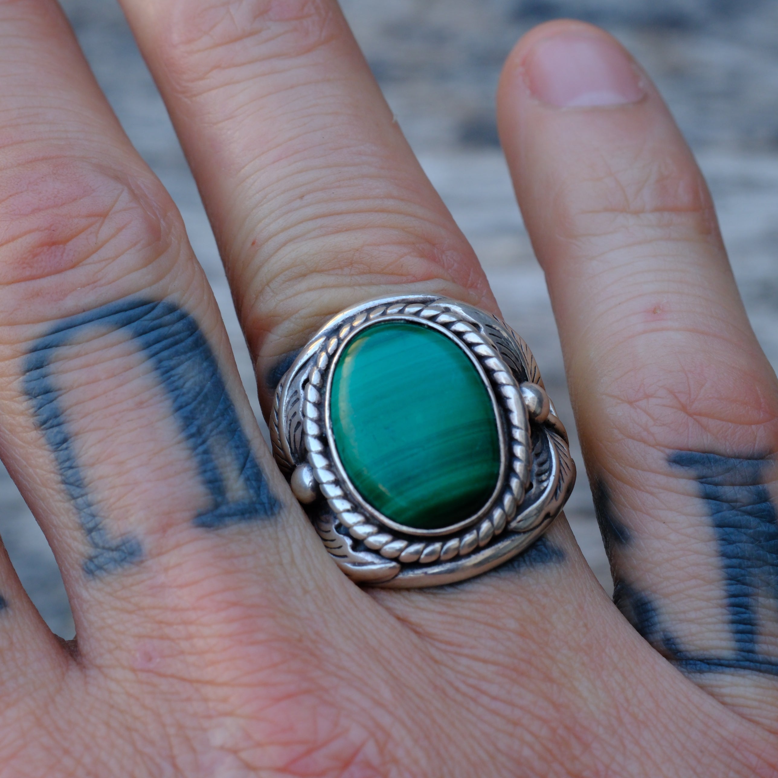 Vintage Sterling Malachite Feather Ring 9