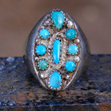Vintage Sterling 9-Stone Turquoise Cluster Ring 8.5